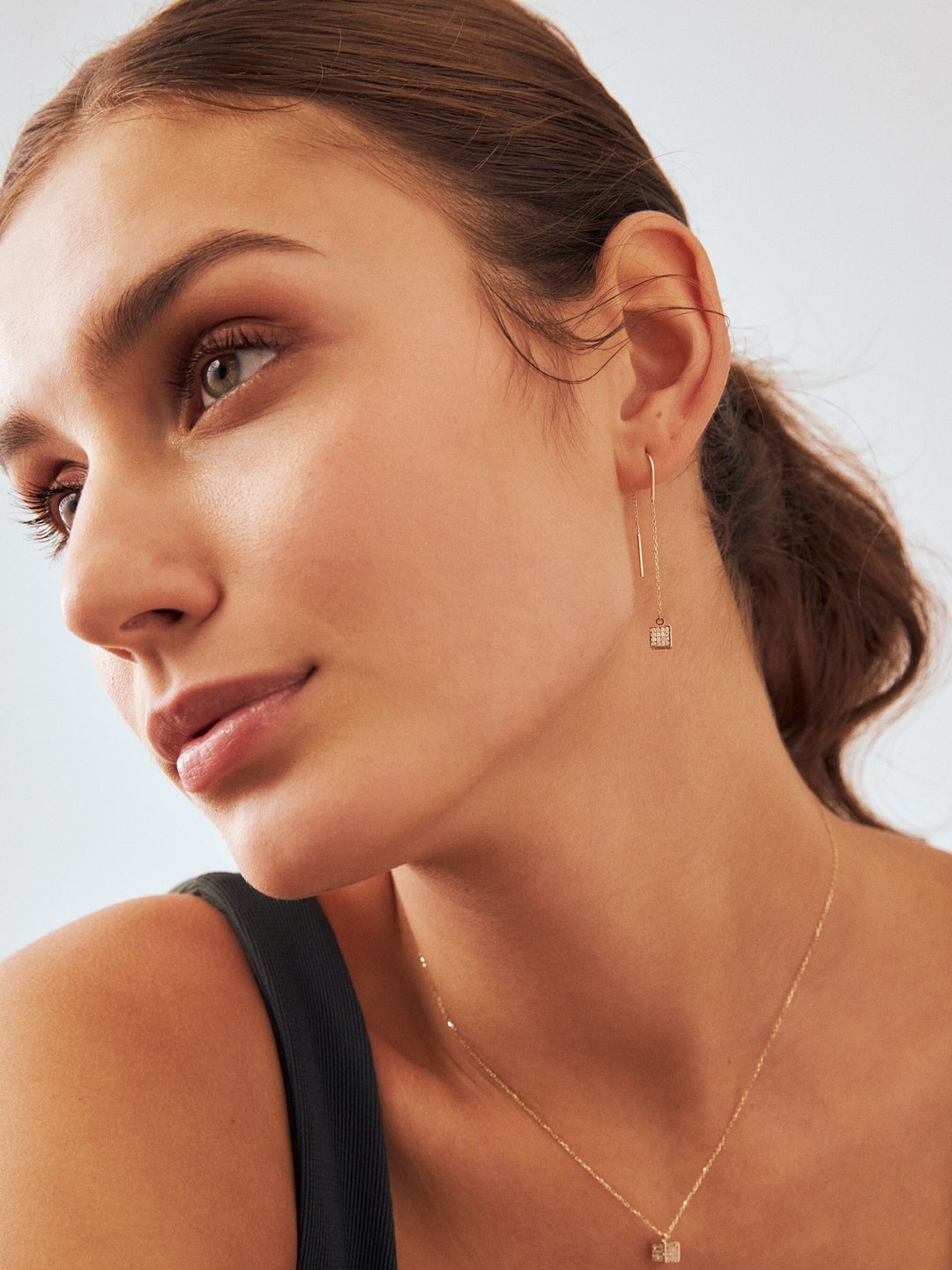 14K Solid Gold Threader Cube Earrings 14K Real Gold Etsy