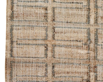 Tappeto a quadri in juta intrecciato a mano / Tappeto geometrico grigio neutro con frange / Tappeto da soggiorno moderno in stile boho naturale da fattoria