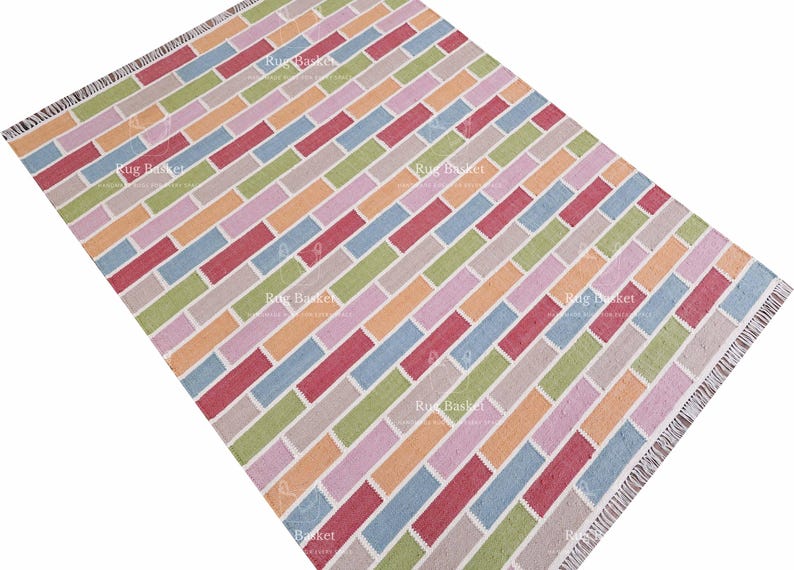 Handwoven Cotton Dhurrie Rug: Colorful Brick Pattern, Modern Kids Room ...