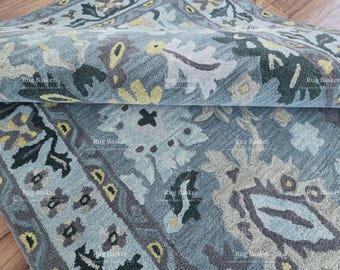Hand-Tufted Wool Rug 5x8 ft: Modern Oushak Bluish Grey Floral Area Rug