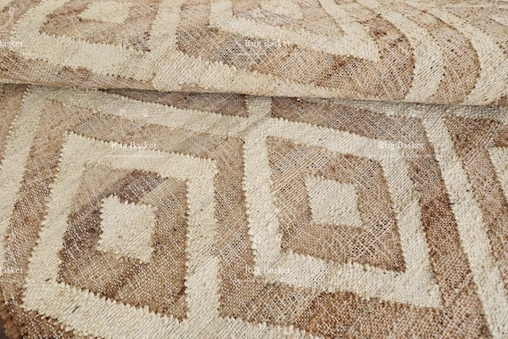 Handwoven Jute Rug | Geometric Diamond Pattern Area Rug | Natural & Cream Boho Farmhouse Carpet | Flatweave Handmade Floor Decor