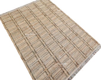 Handwoven Jute Checkered Rug | Neutral Grey Geometric Area Rug with Fringe | Modern Farmhouse Natural Boho Living Room Carpet