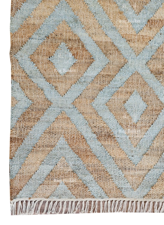 Handwoven Jute Rug | Geometric Diamond Pattern Area Rug | Natural & Blue Boho Farmhouse Carpet | Flatweave Handmade Floor Decor