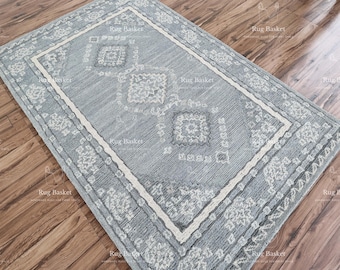 Hand-Tufted Wool Rug 5x8 ft: Modern Oushak Style, Bluish Grey