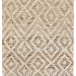 May include: A rectangular beige rug with a geometric diamond pattern. The rug has a woven texture and a fringe border. The diamond pattern is in shades of beige and brown, creating a neutral color palette.