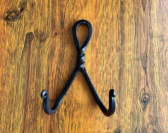 Iron Hand Forged Twisted Double Hooks pack of 2 Handcrafted by Well Experienced Blacksmiths From India. Premium Matt Black Finished