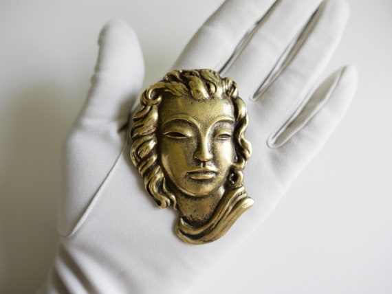 Vintage Solid Brass Face Brooch-Face brooch-frenc… - image 1