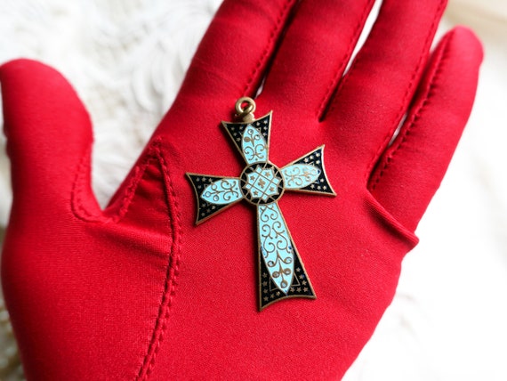 Vintage cross with enamel - beautiful cross penda… - image 6