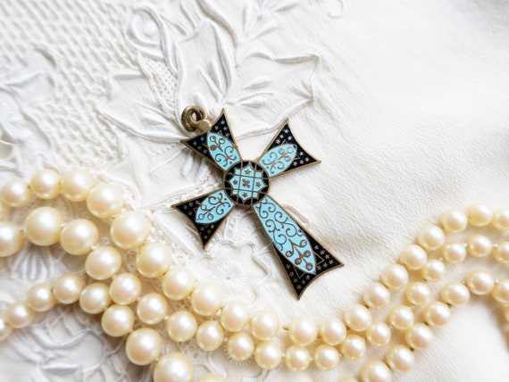 Vintage cross with enamel - beautiful cross penda… - image 1