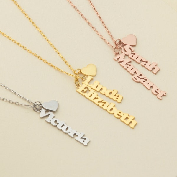 Custom Vertical Name Necklace, Personalized Dangle Name Necklace, Family Name Necklace, Dainty Heart Charm Necklace, Minimalist Necklace