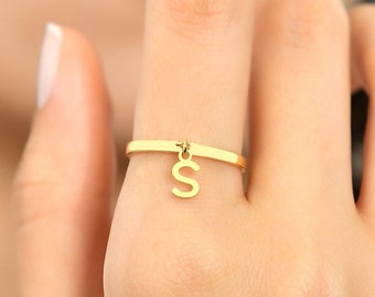 Custom Initial Ring, Dangle Letter Ring, Mothers Day Gift, Initial Jewelry for Women, Sterling Silver Ring, Dainty Ring, Stackable Ring