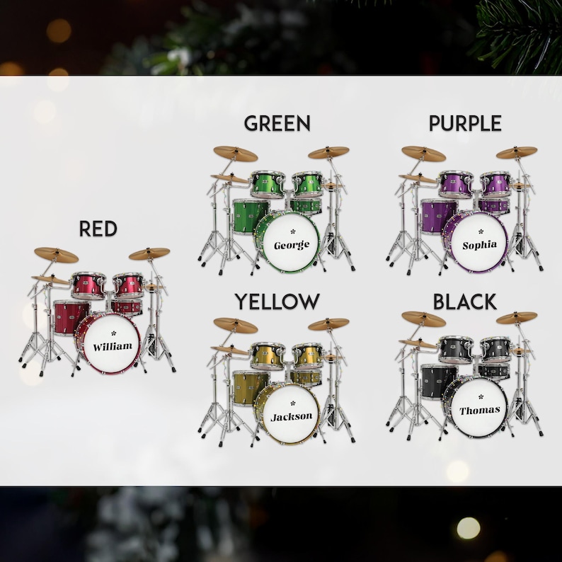 May include: A collection of miniature drum sets in various colors: red, green, purple, yellow, and black. Each set includes a bass drum with a name, such as "William" or "Sophia". The sets are displayed against a blurred background.