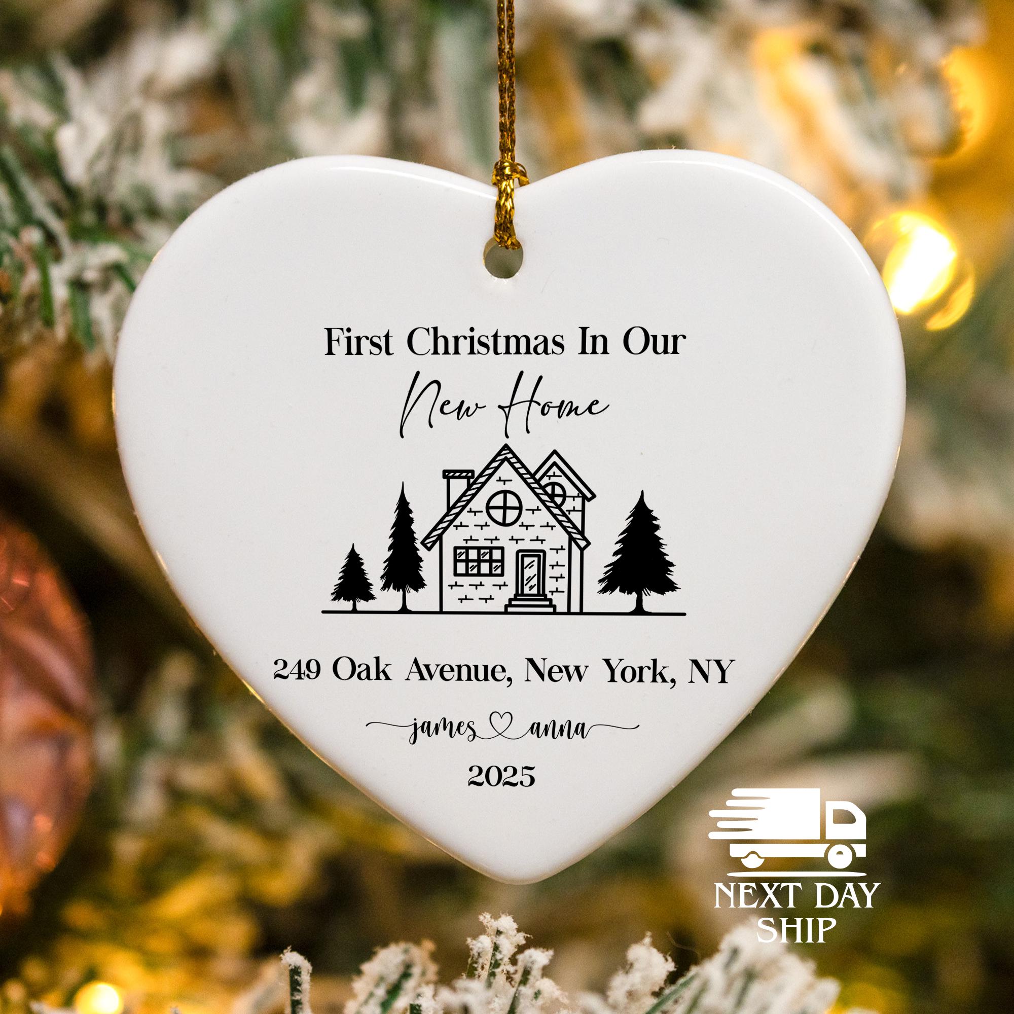 Dainty Christmas Couple New Home Ornament, Personalized Christmas Decoration, Custom Acrylic Ceramic Glass Keepsake, Address Ornament