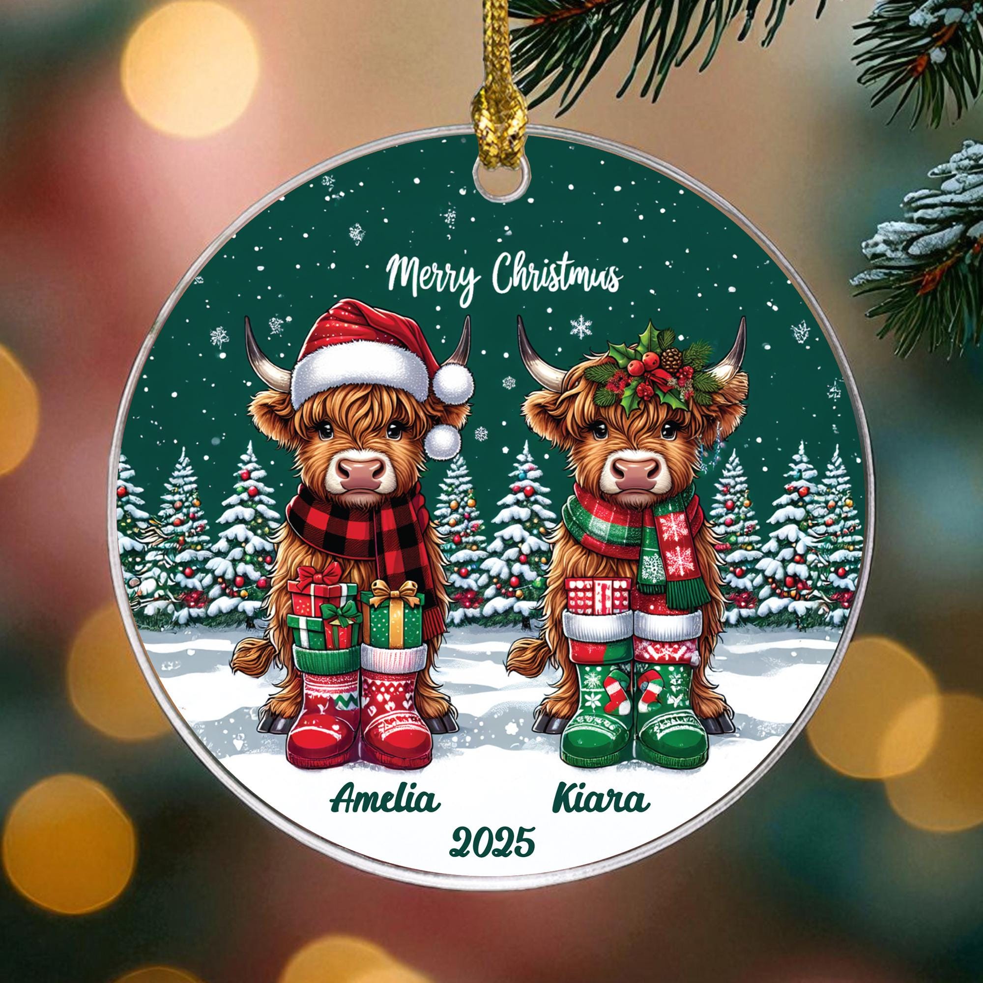 Personalized Highland Cow Ornament 2025, Custom Names Couple Gift, Best Friends Christmas Keepsake, Glass Heart Farmhouse Christmas Gifts