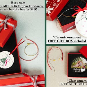 May include: Two red gift boxes with white ribbon and a white ceramic ornament with a pink ribbon and the text "The year I beat cancer - 2024 - Lauren Lee". The text "Ceramic ornament FREE GIFT BOX included" is also visible.