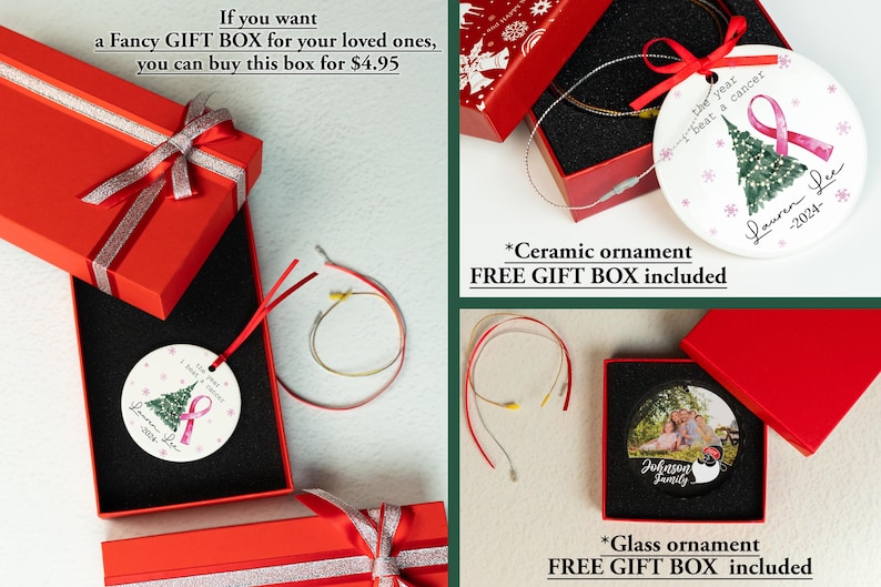 May include: Two red gift boxes with white ribbon and a white ceramic ornament with a pink ribbon and the text "The year I beat cancer - 2024 - Lauren Lee". The text "Ceramic ornament FREE GIFT BOX included" is also visible.