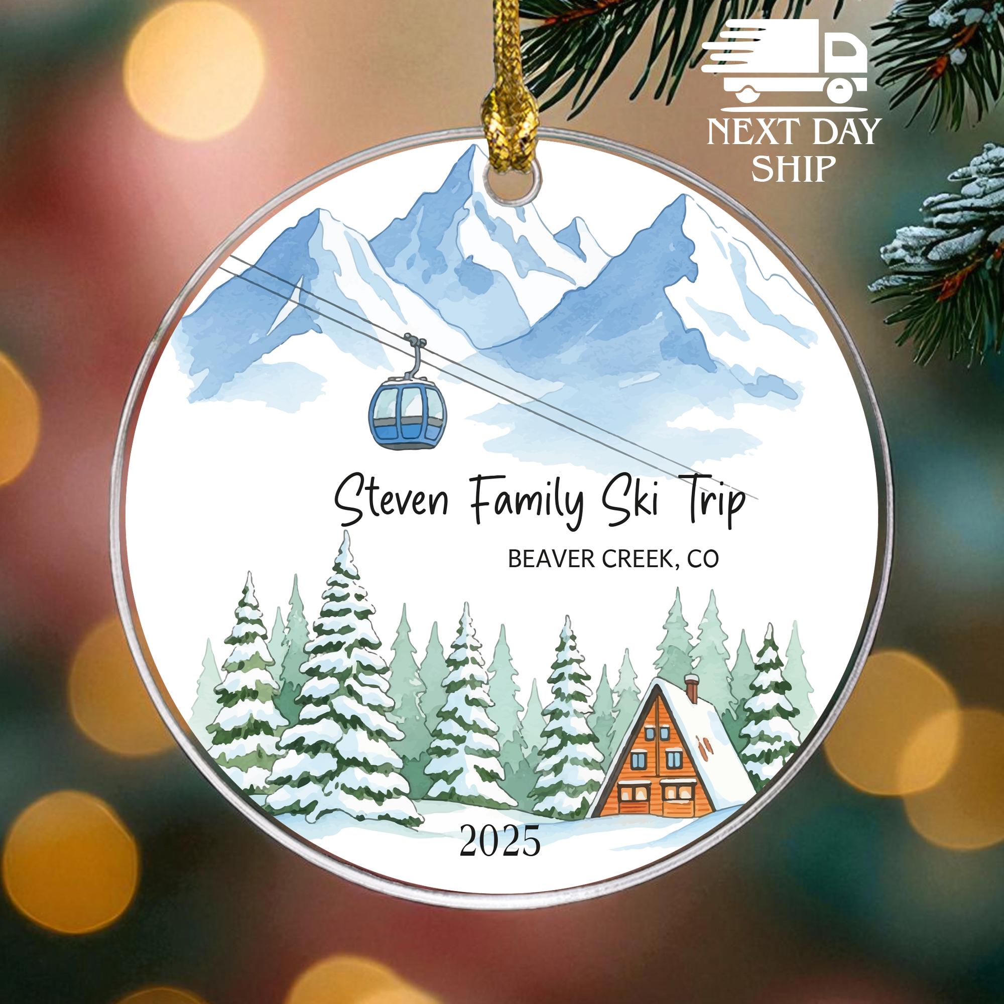 Family Name Ski Trip Ornament, Custom Winter Holiday Decor, 2025 Family Trip Gift, Family Vacation Keepsake, Ski Lodge Holiday Ornament