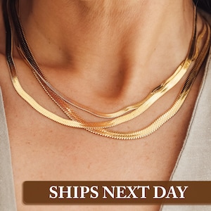 Snake Chain Necklace, Herringbone Chain, Mothers Day Gift, 18K Gold Plated Necklace, Gift for Her, Waterproof Layering Necklace, Daily Chain