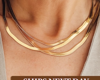 Snake Chain Necklace, Herringbone Chain, Mothers Day Gift, 18K Gold Plated Necklace, Gift for Her, Waterproof Layering Necklace, Daily Chain