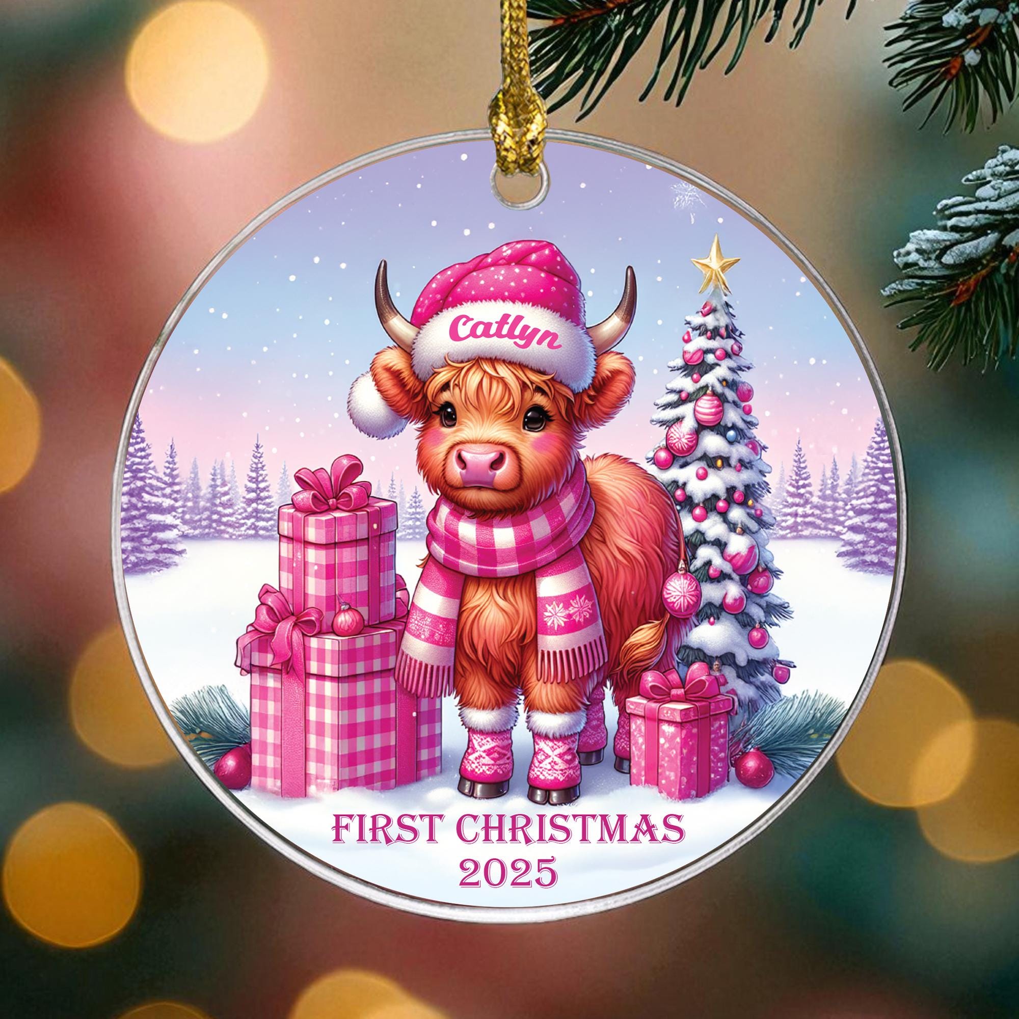 Baby's First Christmas Ornament 2025, Personalized Highland Cow Gift, Custom Name Girl Keepsake, Ceramic Heart Farmhouse Ornament Gifts