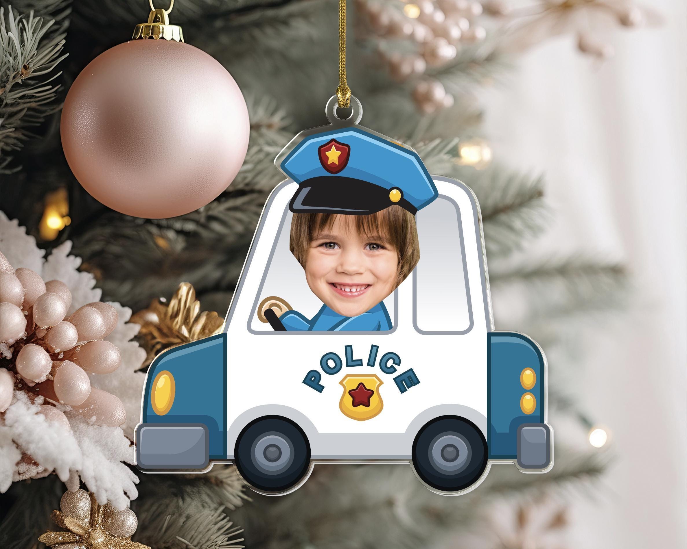 Custom Children Photo Ornament, Police Kid Ornament, Christmas Gifts For Kids, Police Car Ornament, Christmas Keepsake, Cop Face Ornament