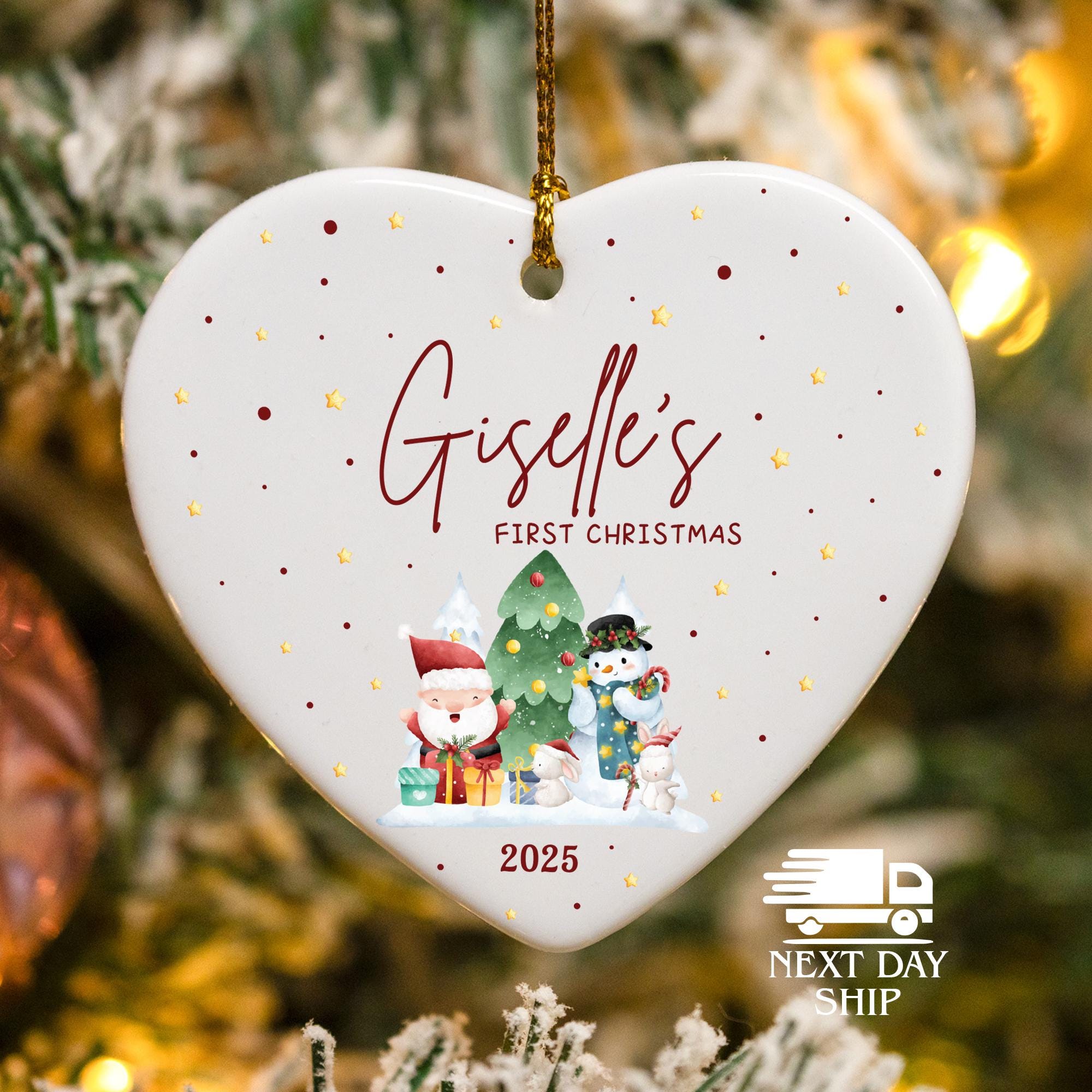 Baby First Christmas Gift, 1st Christmas Ornament, Santa Snowman Ornament, Kids Name Ornament, Family Stocking Keepsake, Baby Shower Gift