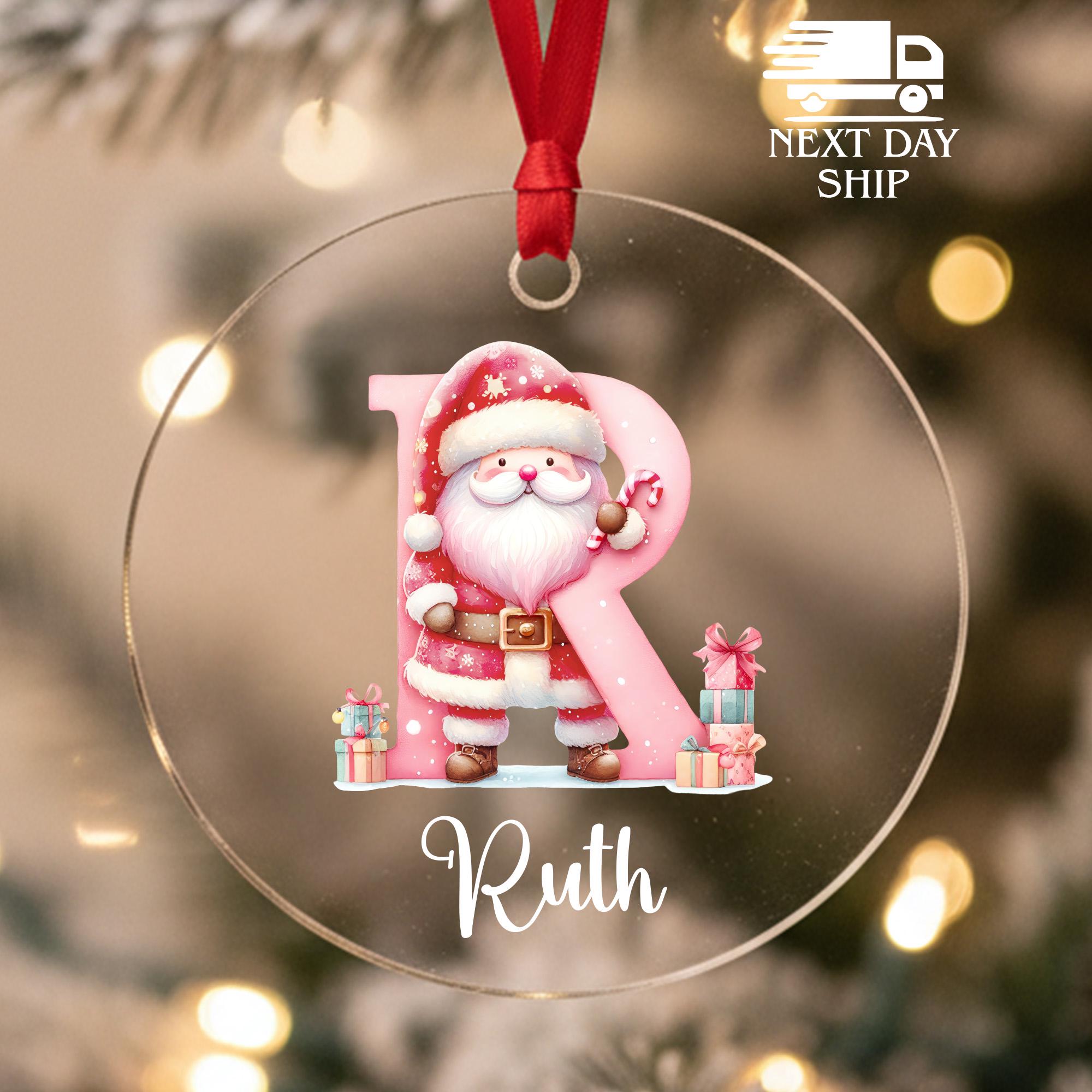 Personalized Christmas Initial Ornament, Santa Custom Letter Name Ornament, Plaid Xmas Tree Decoration, Gift for Kids & Families