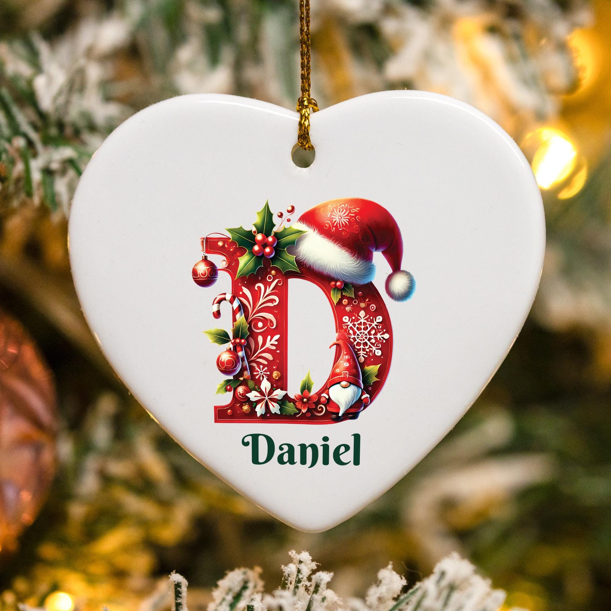 Christmas Gnome Monogram Ornament, Personalized Initial Name Gift, Xmas Keepsake for Kids, Glass Heart Holiday Ornament, Christmas Gifts