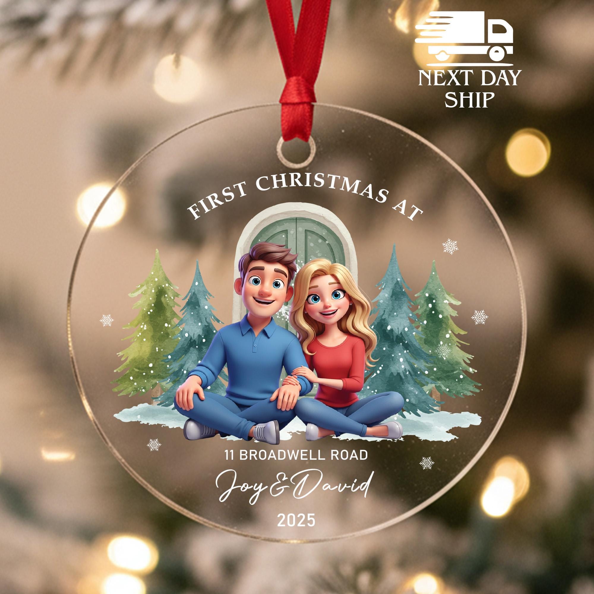 Couple First Christmas At New Home Ornament, Personalized Address Ornament, Newlywed  Christmas Keepsake, Family Caricature Ornament