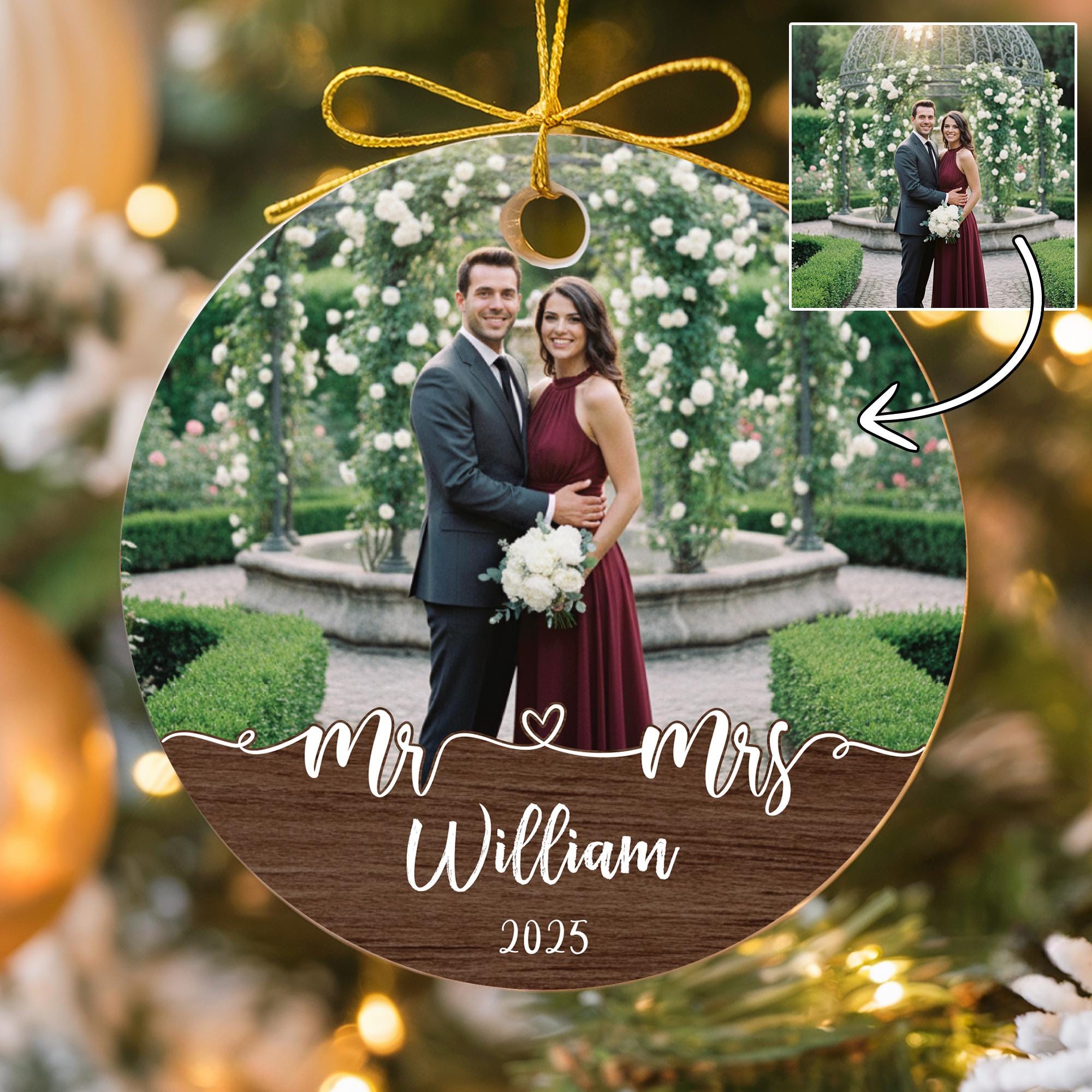 Personalized Mr and Mrs Ornament 2025, Custom Photo Wedding Gift for Couple, Newlywed Keepsake, Glass Heart Christmas Gift, Holiday Ornament