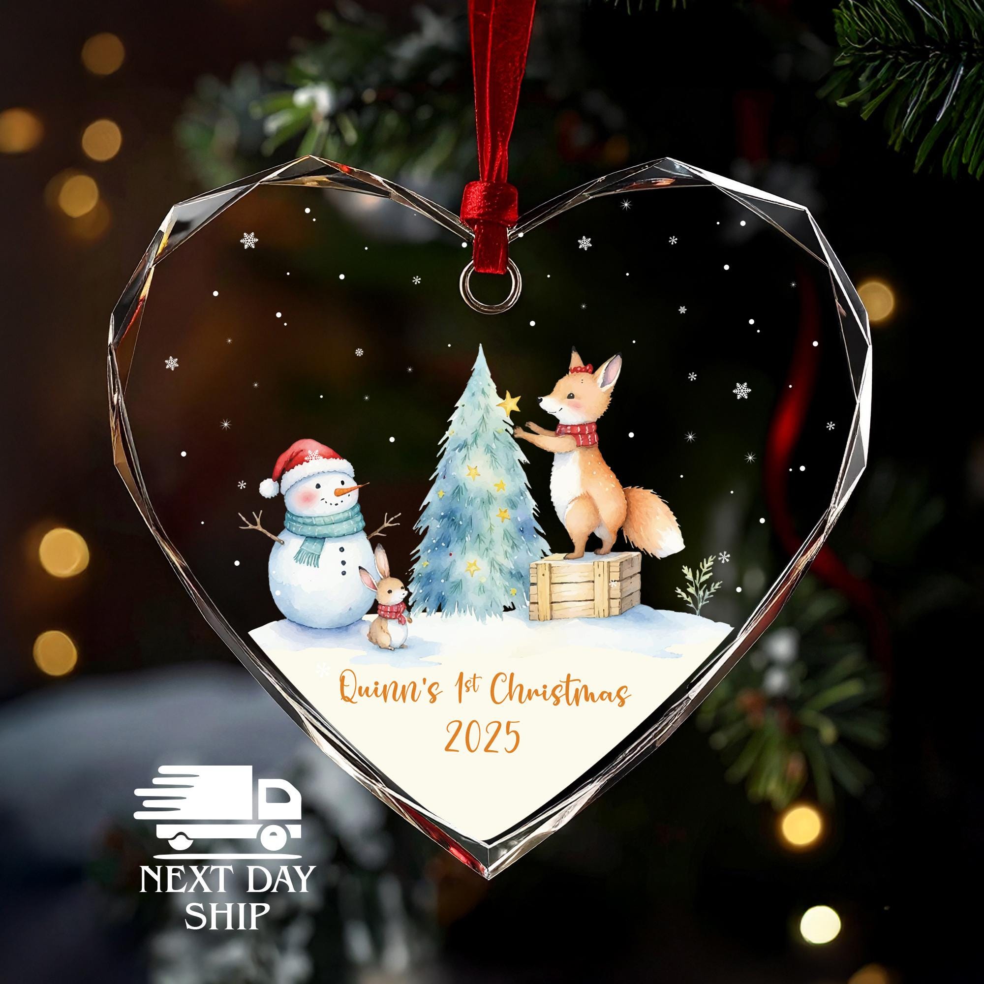 Kids First Christmas Ornament, 2025 Baby Name Keepsake, Cute Rabbit Fox Snowman Ornament, Snowy Ornament, Christmas Tree Decor Glass