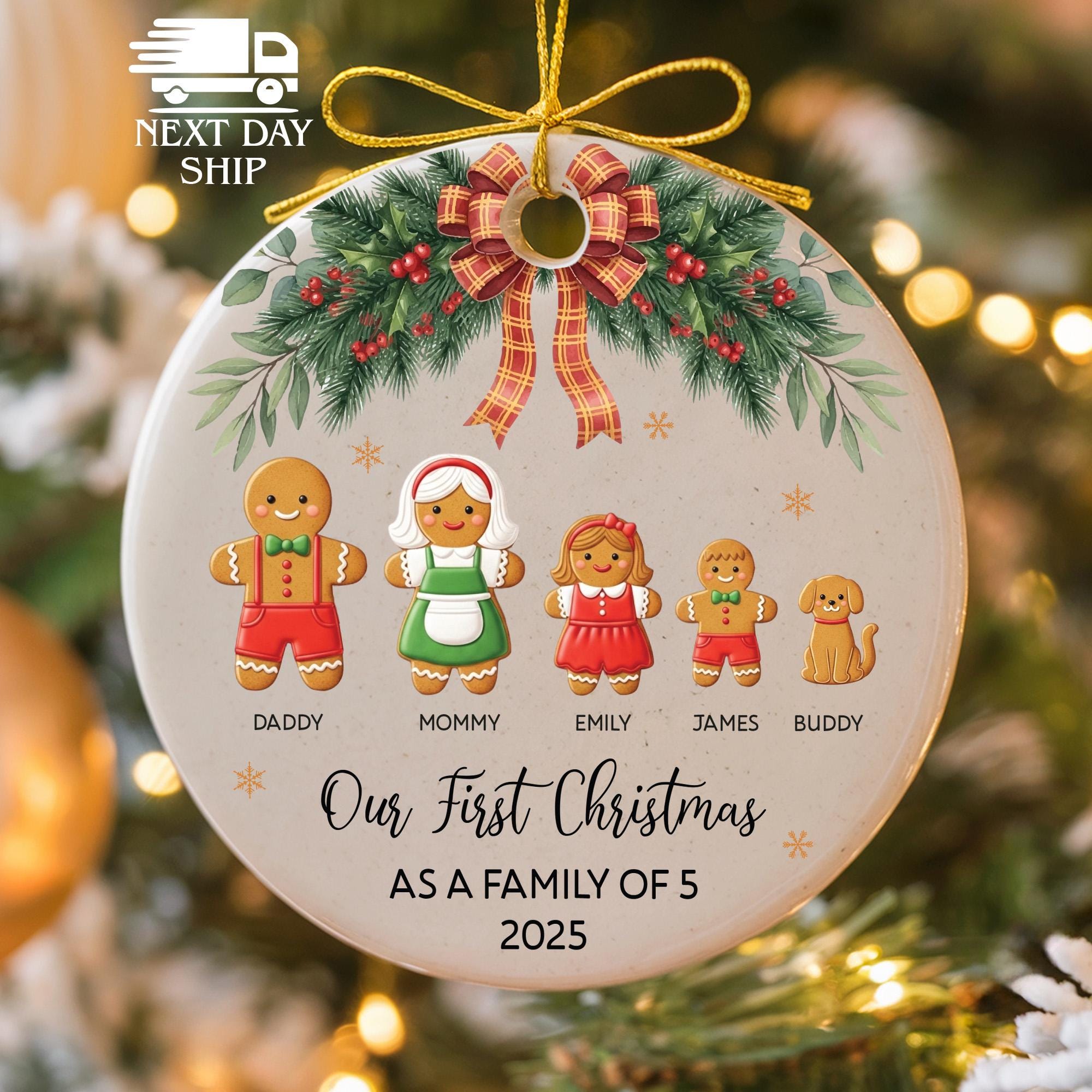 Our First Christmas As A Family of Five Ornament, Gingerbread Family Ornament, Personalized Family Member Ornament, Custom Name Keepsake