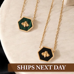 18K Gold Filled Bee Necklace, Mother&#39;s Day Gifts, Hexagon Pendant Necklace, Geometric Necklace, Gold Bee Necklace, Bumble Bee Necklace
