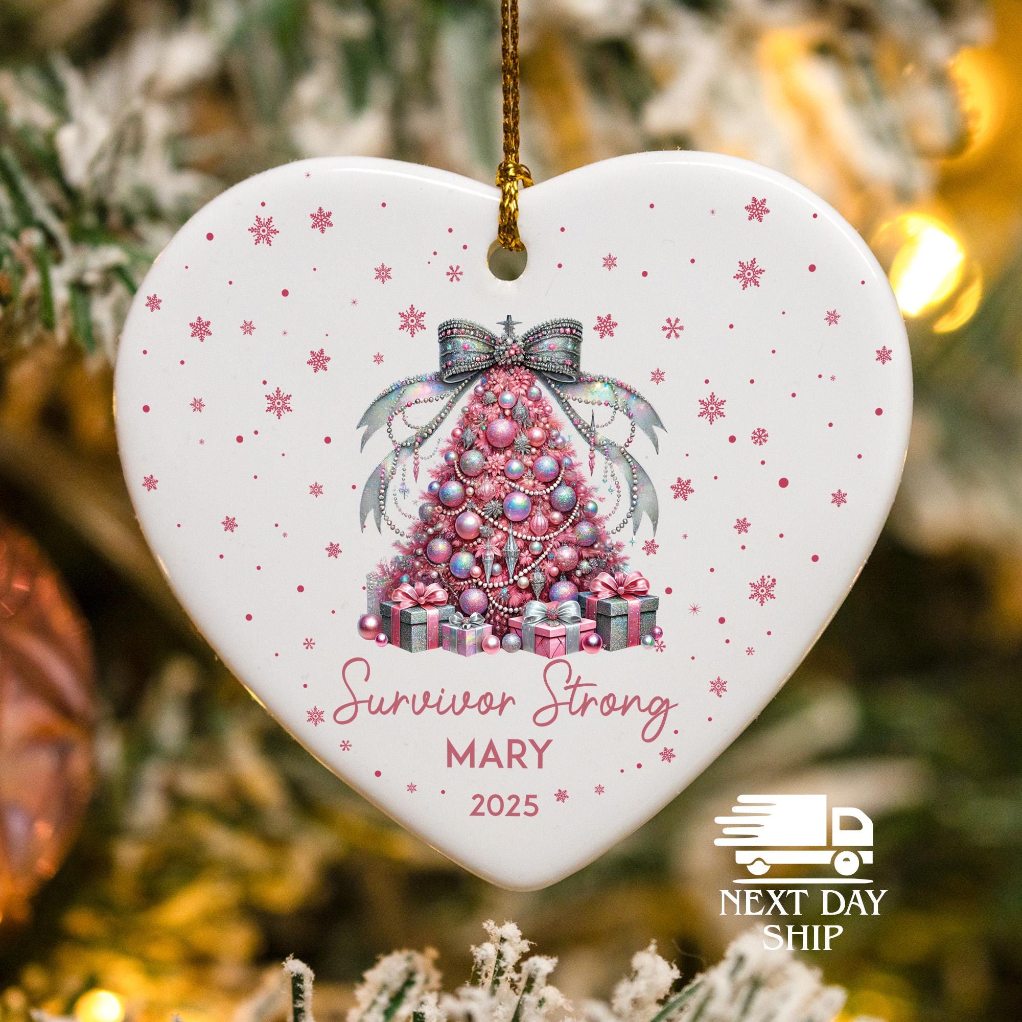 Survivor Strong Christmas Ornament, Custom Name Cancer Ornament, Cancer Hope Ornament, Pink Ornament, Christmas Tree Ornament, Gift For Her