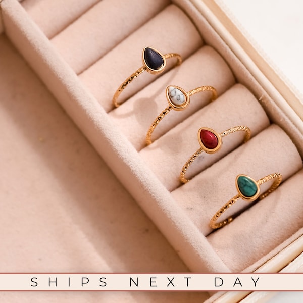 Teardrop Stone Ring, 18K Gold, Natural Stone Ring, Minimalist Ring, Colorful Ring, Adjustable Ring, Gift For Her, Simple Rings, Gold Rings