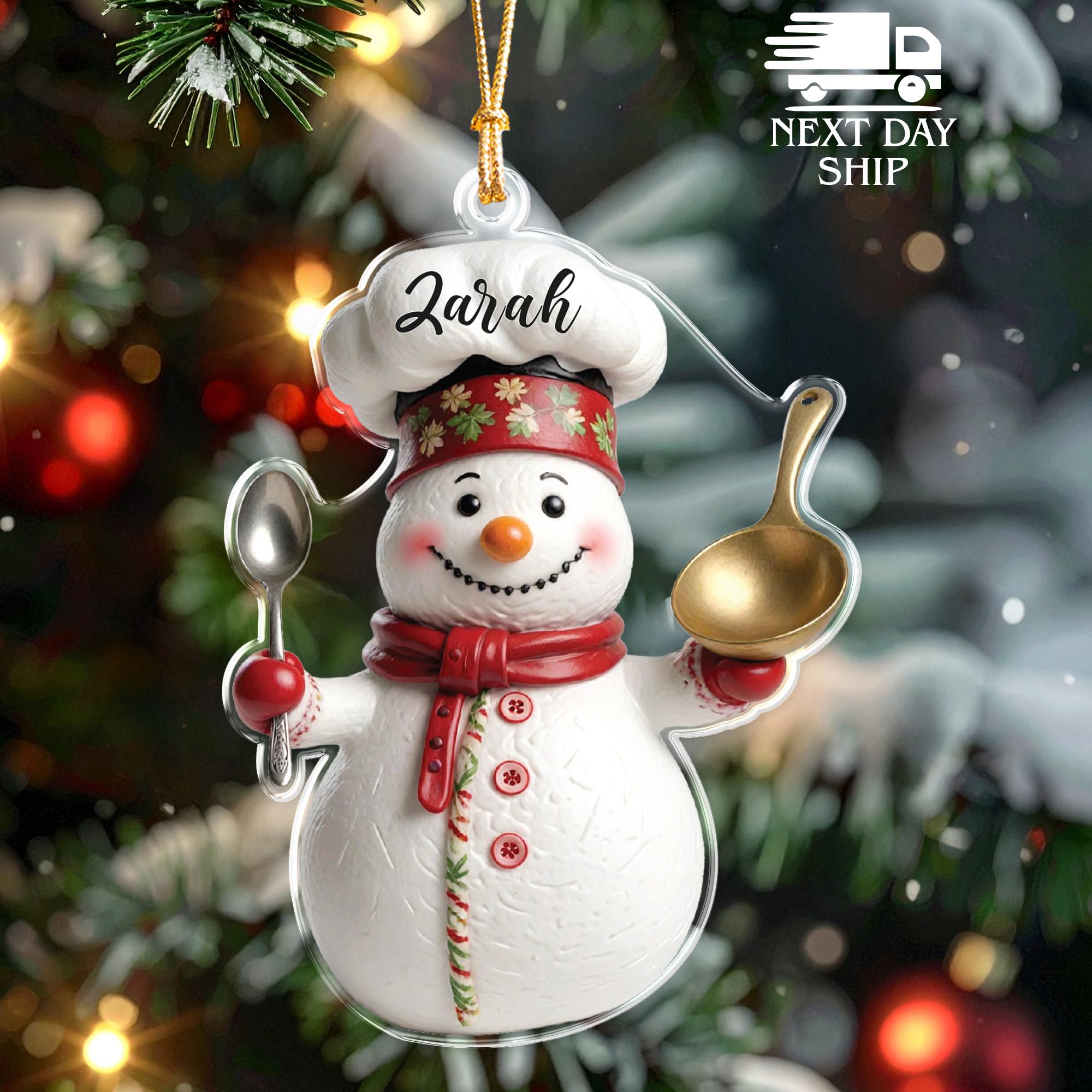 Personalized Chef Snowman Christmas Ornament, Custom Name Baking Ornament for Cook, Cute Kitchen Decor for Chef, Holiday Tree Decoration