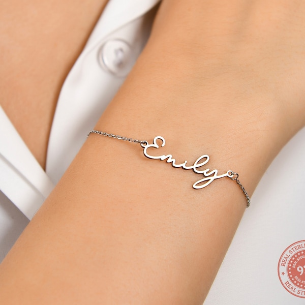 Customized Name Silver Bracelet, Gift For Mothers Day, Personalized Monogram Bracelet, Gift For Mama, Dainty Handwriting Bracelet