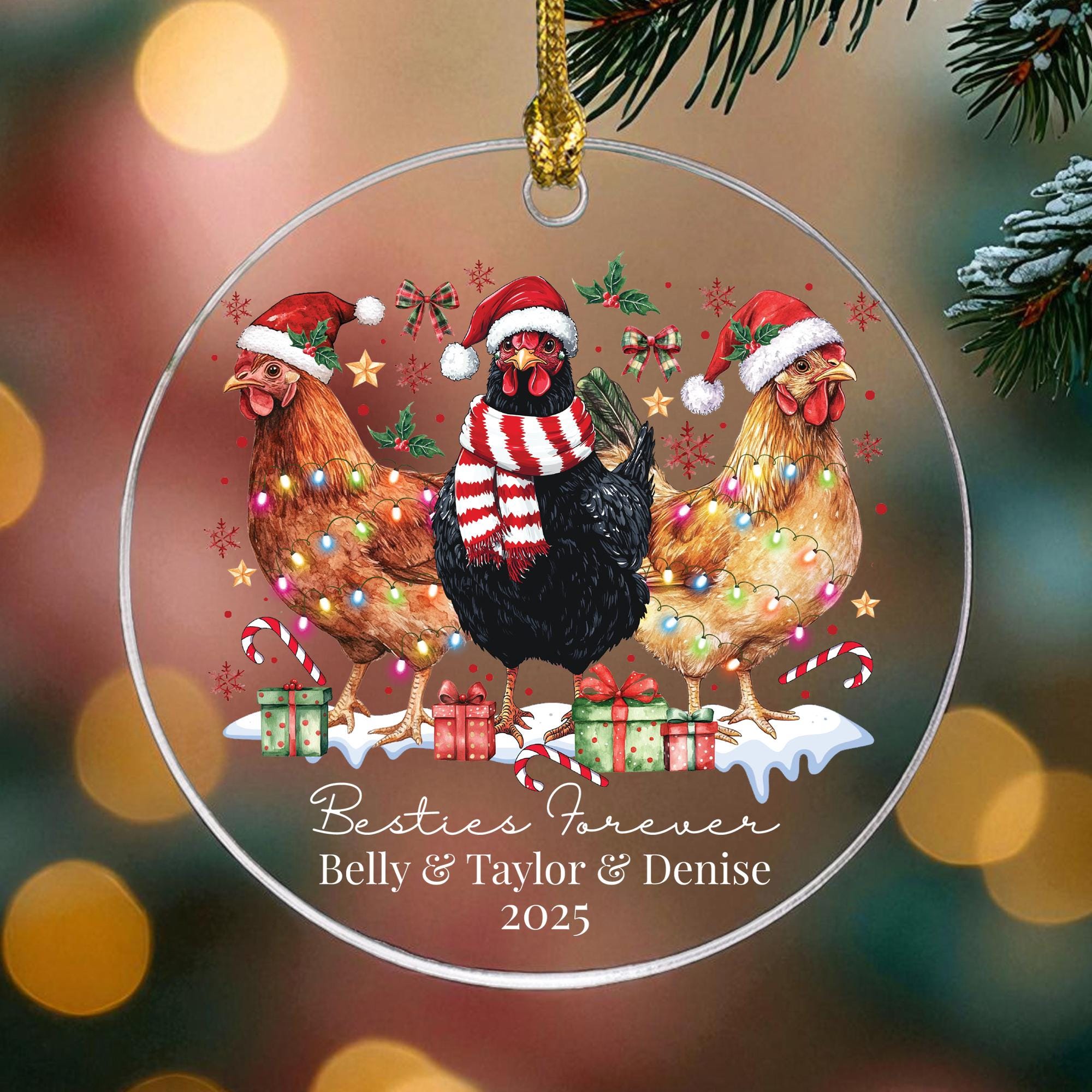 Personalized Best Friends Chicken Ornament, Custom Names Gift, Besties Forever Keepsake, Glass Heart Farmhouse Decor, Christmas Gifts