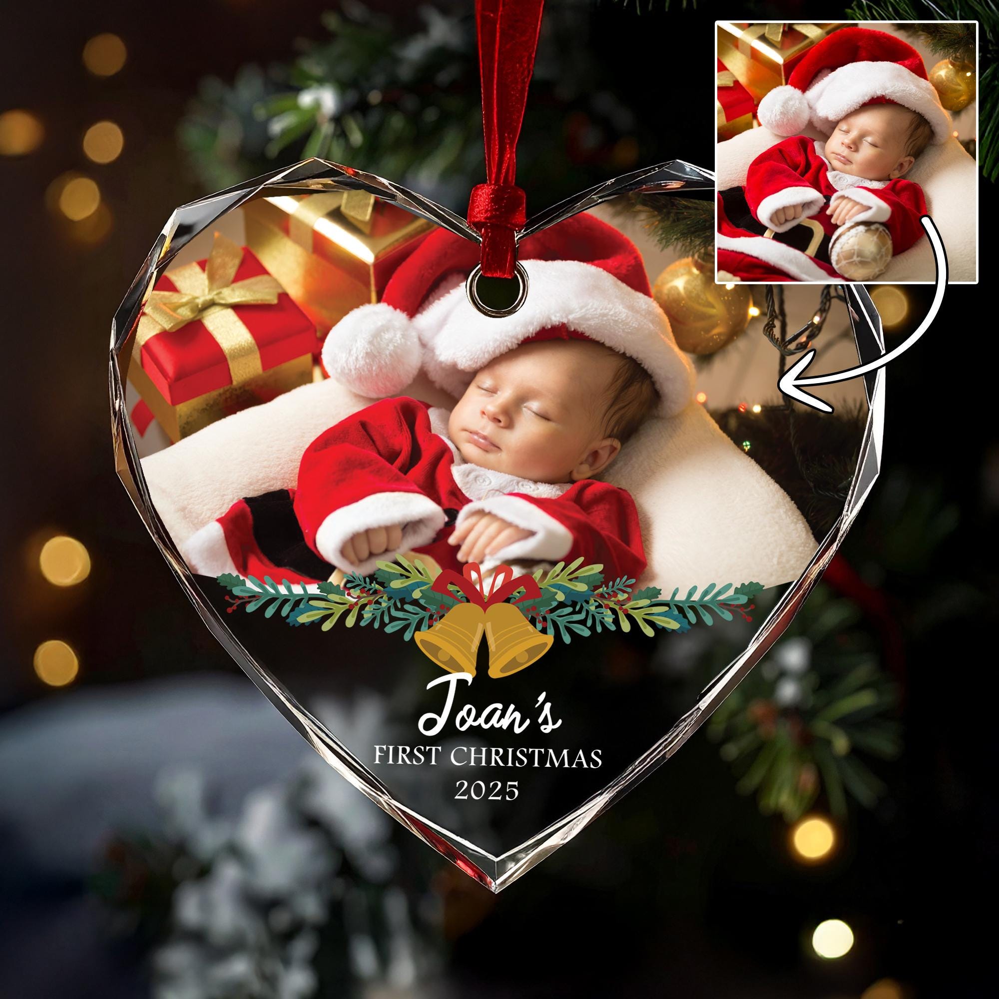 Baby's First Christmas Ornament 2025, Personalized Photo Keepsake, Custom Name New Baby Gift, Ceramic Glass Heart Holiday Decor
