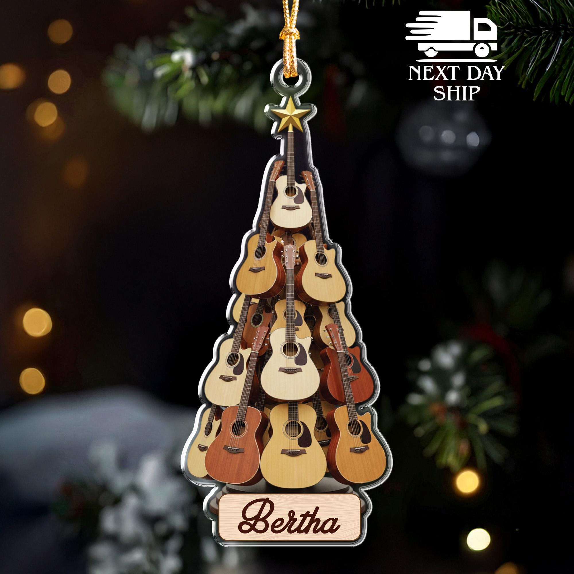Personalized Guitar Tree Ornament, Custom Name Music Lover Ornament, Acoustic Guitar Christmas Decor, Musician Gift, Acrylic Cutout Ornament