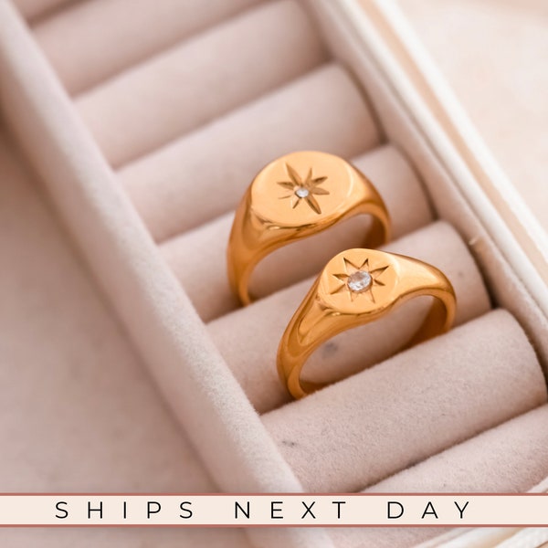 North Star Ring, 18K Gold, Zircon Stone Ring, Mothers Day Gift, Signet Ring, Mother In Law Gift, Stainless Steel Ring, Dainty Celestial Ring