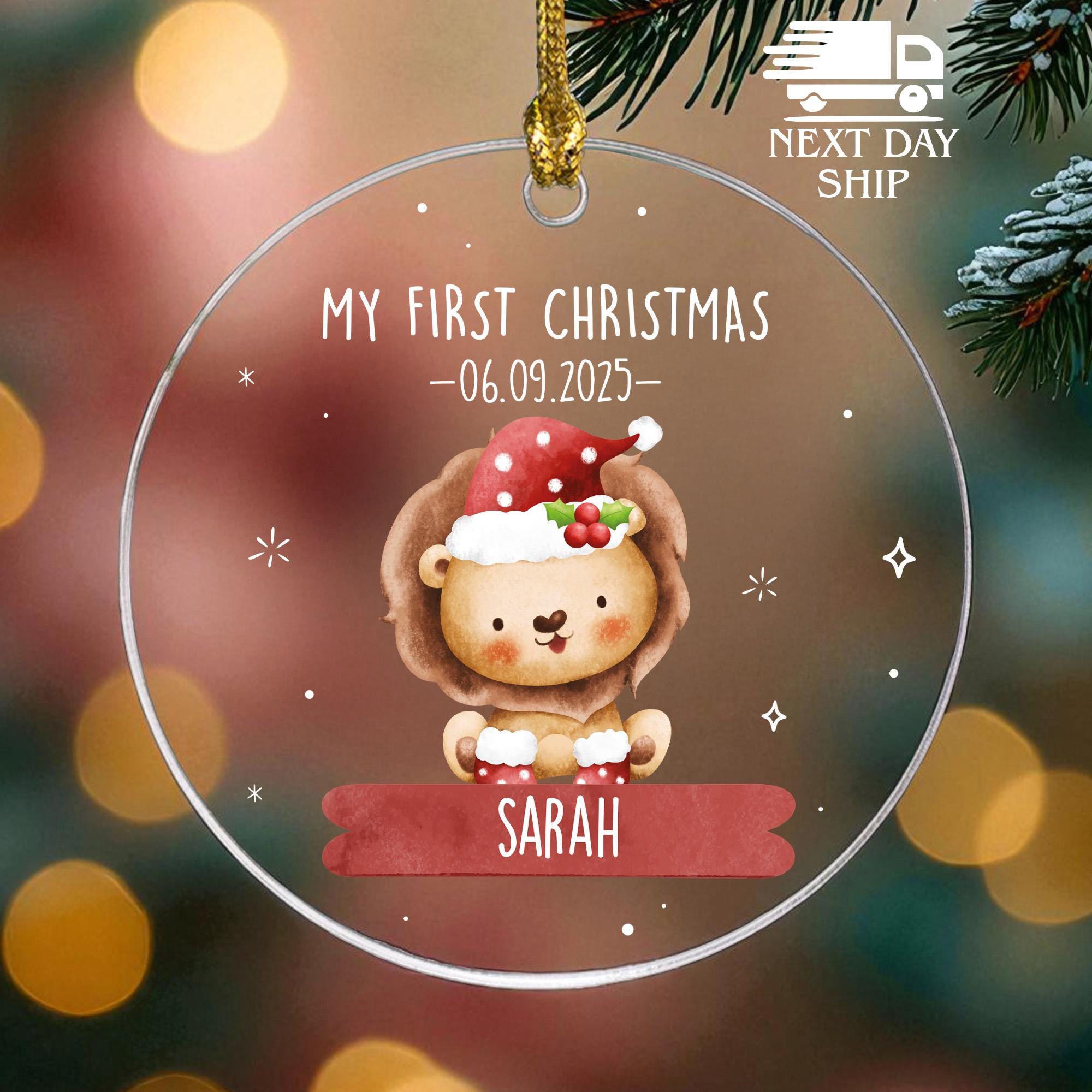 Custom Name First Christmas Ornament, Cute Lion Ornament, Baby Birth Date Keepsake, Personalized Kids Ornament, Christmas Tree Decoration