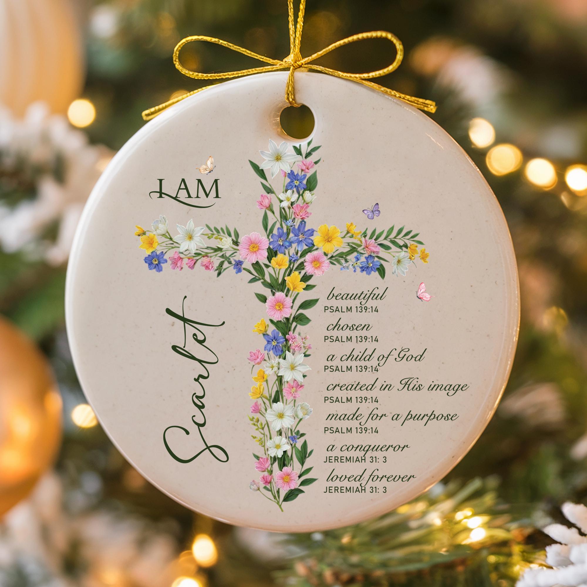 Personalized Christian Ornament, Custom Name Floral Cross Gift, Bible Verse Keepsake, Religious Affirmation Decor, Ceramic Glass Heart
