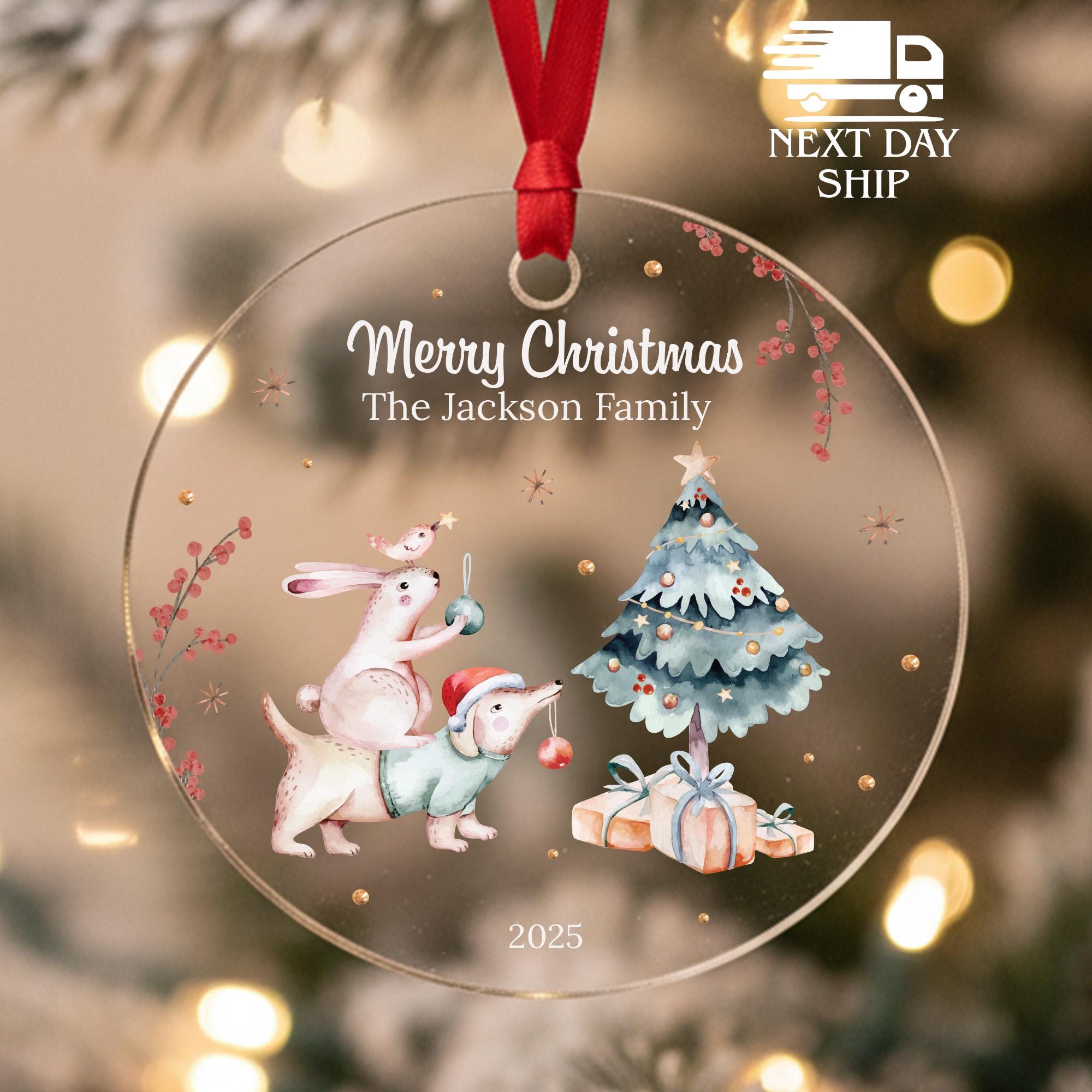 Merry Christmas Ornament For Family ,Custom Family Name Ornament,Ornament with Christmas Tree and Present,Bird Rabbit Dog Christmas Ornament