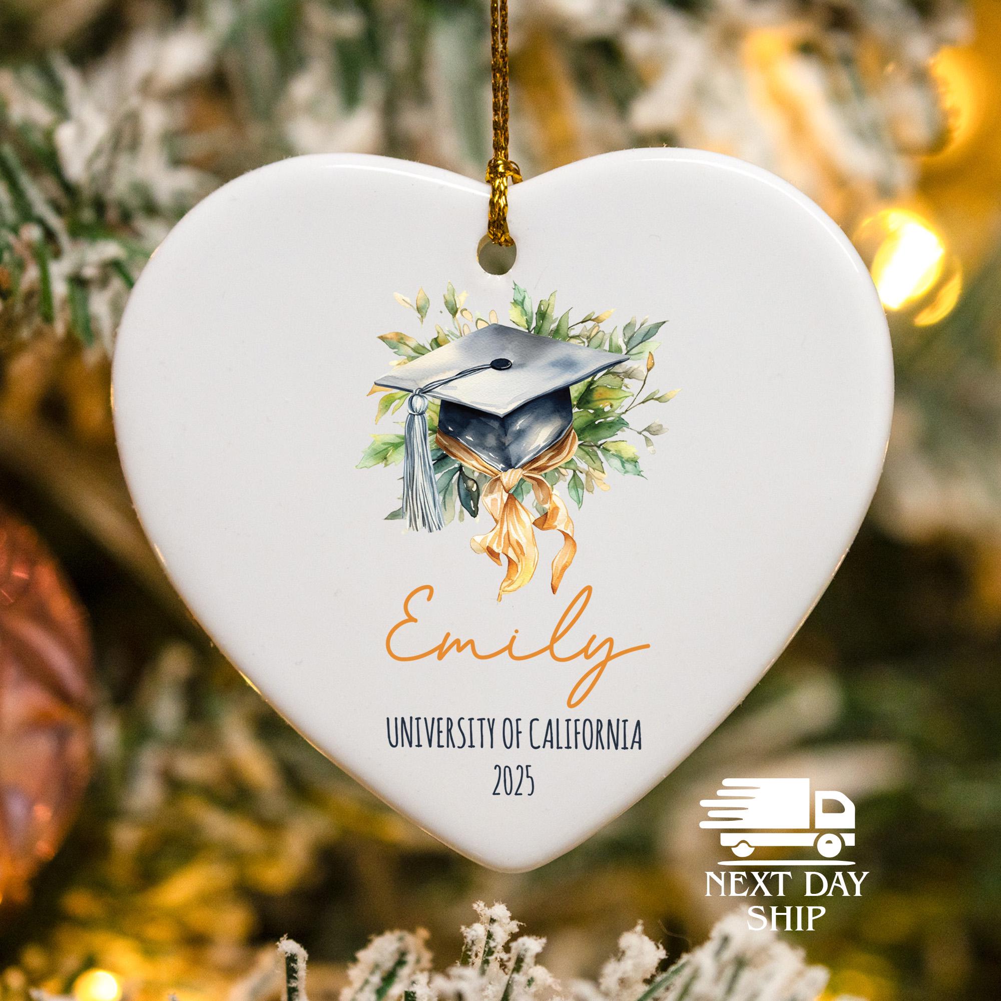 Graduation Hat Ornament, Personalized Graduation Gift, Master's Degree Keepsake, Custom Name Ceramic Heart, Class of 2025, Christmas Decor