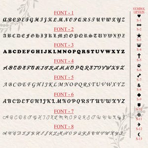 May include: A graphic showcasing eight different font styles, each displaying the alphabet. The image also presents a selection of thirteen symbol options, labeled S-1 through S-13, for customization.