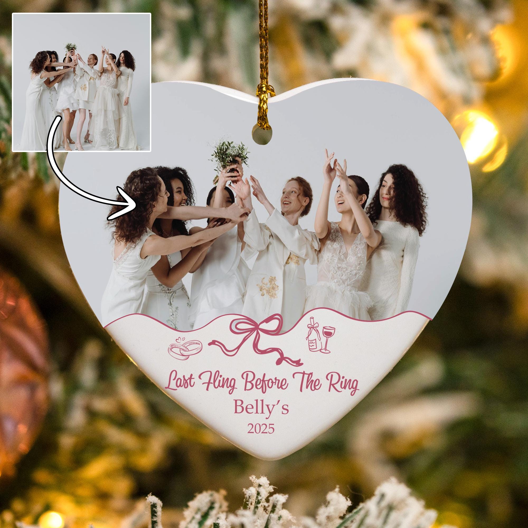 Bachelorette Party Ornament, Last Fling Before The Ring Gift, Personalized Photo Keepsake, Bridesmaid Proposal, Ceramic Glass Heart Decor