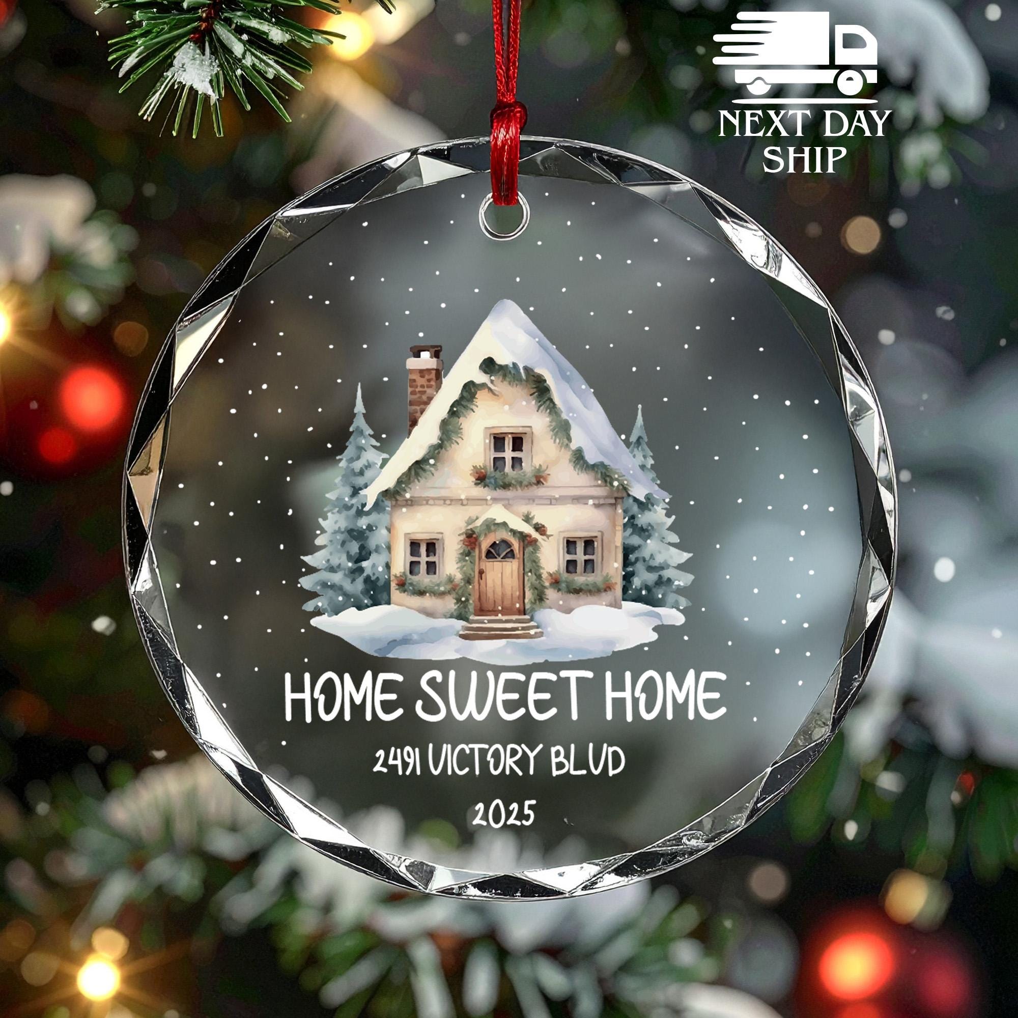 Snowy Christmas Home Ornament, Custom Winter Holiday Ornament, Home Sweet Home Keepsake, Personalized Address Ornament Acrylic Ceramic Glass