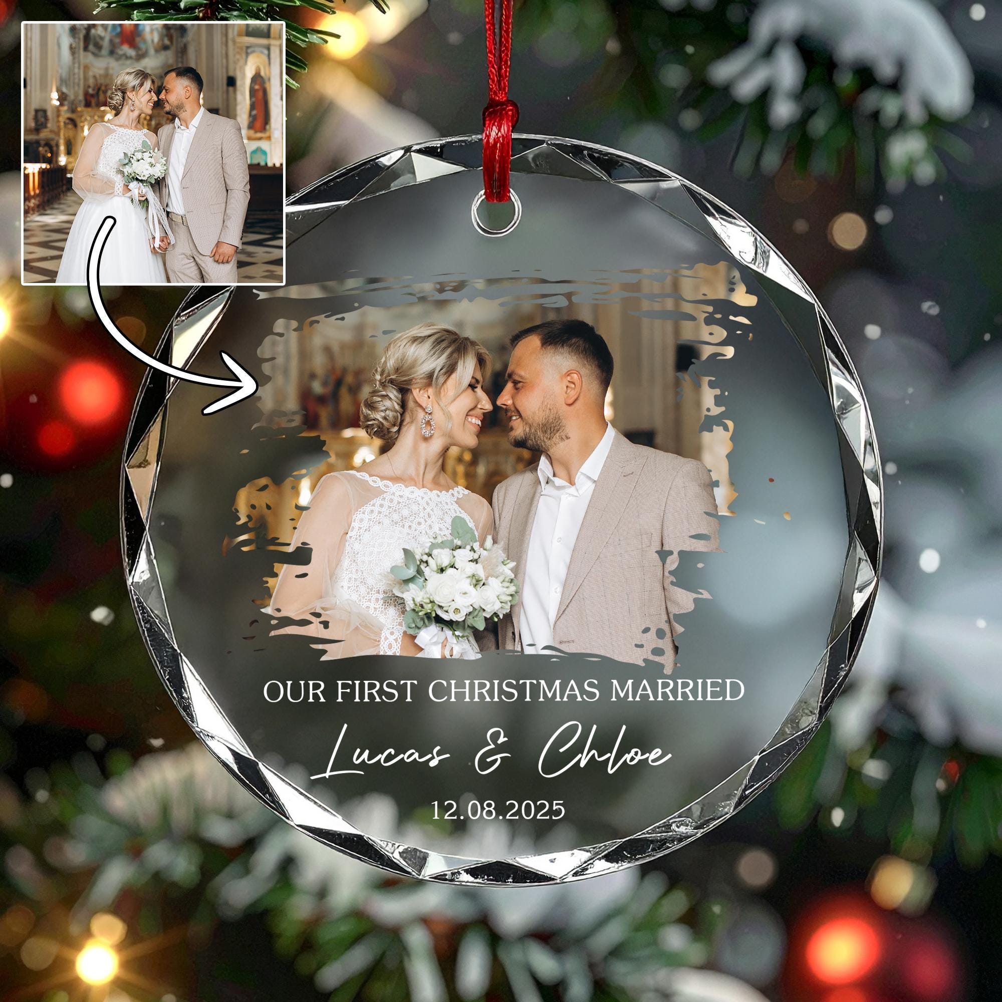 Our First Christmas Married Ornament 2025, Personalized Photo Wedding Keepsake, Newlywed Gift for Couple, Ceramic Glass Christmas Décor