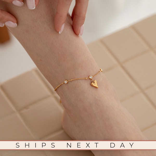 Minimalist Heart Anklet, 18K Gold Anklet, Anklets For Women, Gift For Her, CZ Stone Anklet, Steel Anklet, Summer Jewelry, Delicate Anklet